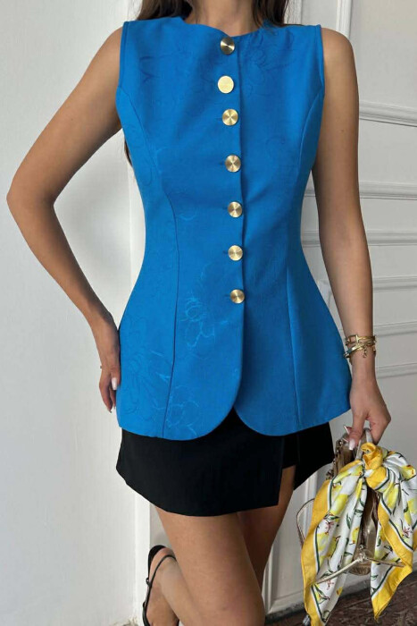 ONE COLOR GOLD BUTTONS LONG WOMEN VEST LIGHT BLUE-LIGHT BLUE/BZ-BZ - 2