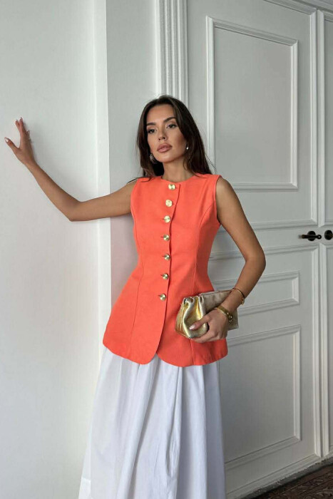 ONE COLOR GOLD BUTTONS LONG WOMEN VEST ORANGE/PORTOKALLI - KLAUDIO FASHION