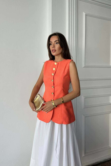ONE COLOR GOLD BUTTONS LONG WOMEN VEST ORANGE/PORTOKALLI - 2