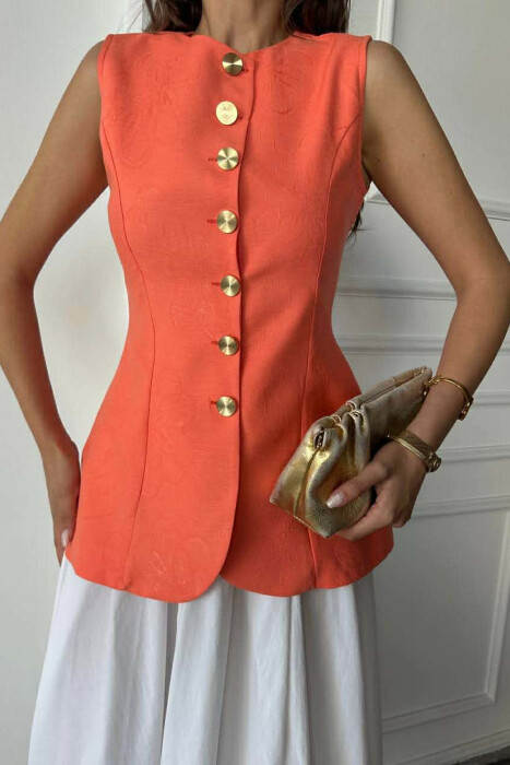 ONE COLOR GOLD BUTTONS LONG WOMEN VEST ORANGE/PORTOKALLI - 3