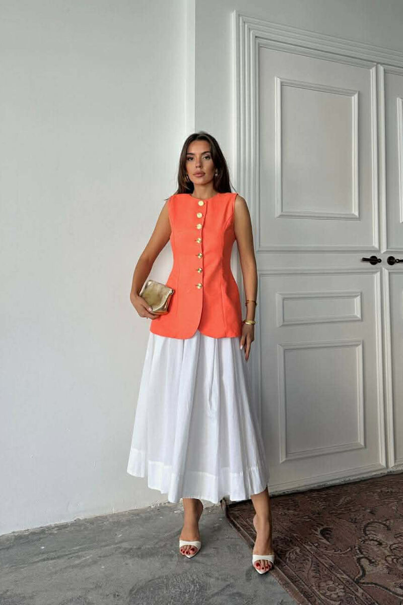 ONE COLOR GOLD BUTTONS LONG WOMEN VEST ORANGE/PORTOKALLI - 4
