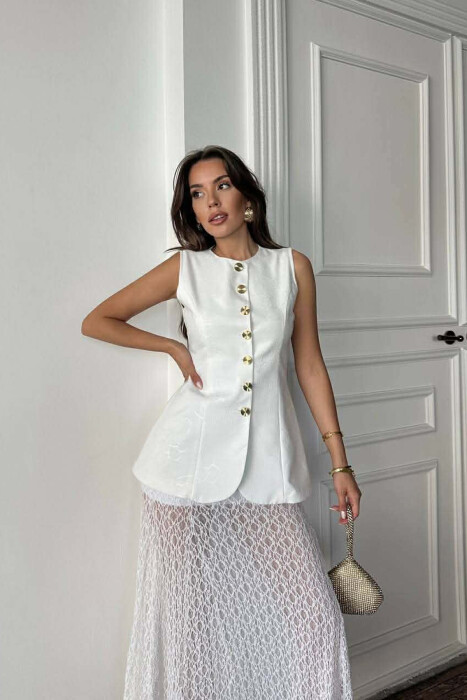 ONE COLOR GOLD BUTTONS LONG WOMEN VEST WHITE-E BARDHE - 