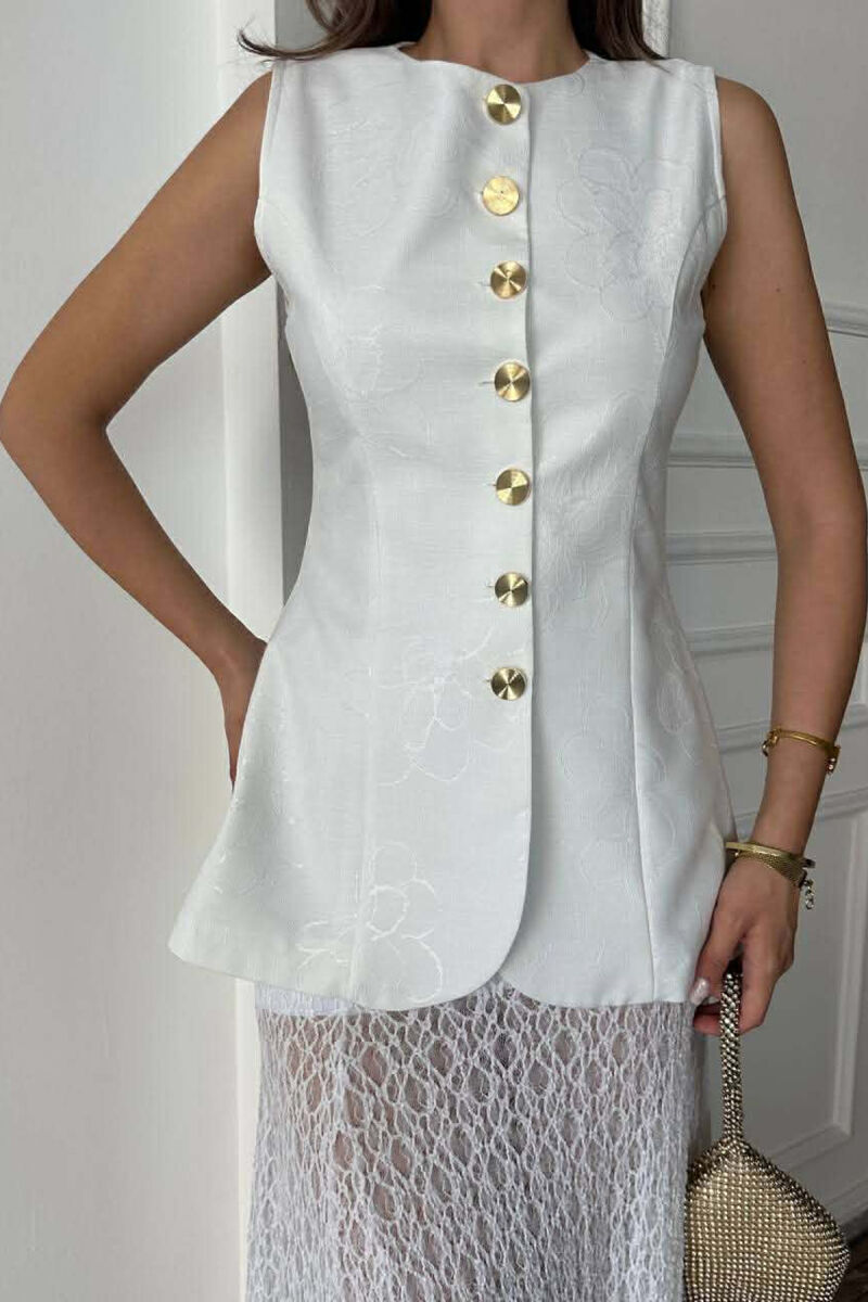 ONE COLOR GOLD BUTTONS LONG WOMEN VEST WHITE-E BARDHE - 2