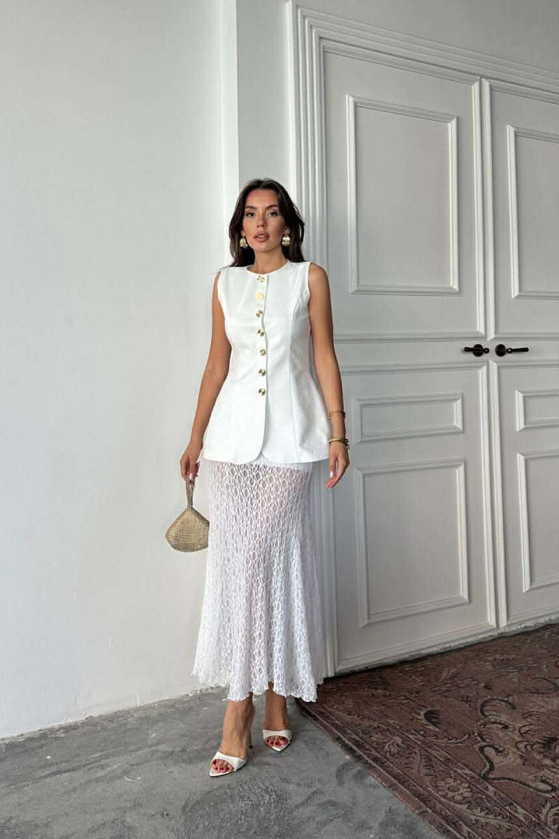 ONE COLOR GOLD BUTTONS LONG WOMEN VEST WHITE-E BARDHE - 3