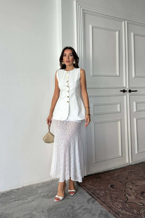 ONE COLOR GOLD BUTTONS LONG WOMEN VEST WHITE-E BARDHE - 3