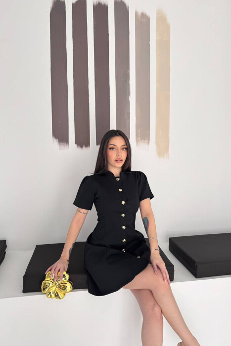 ONE COLOR GOLD BUTTONS SHORT SLEEVE WOMAN DRESS BLACK/ E ZEZE - 2