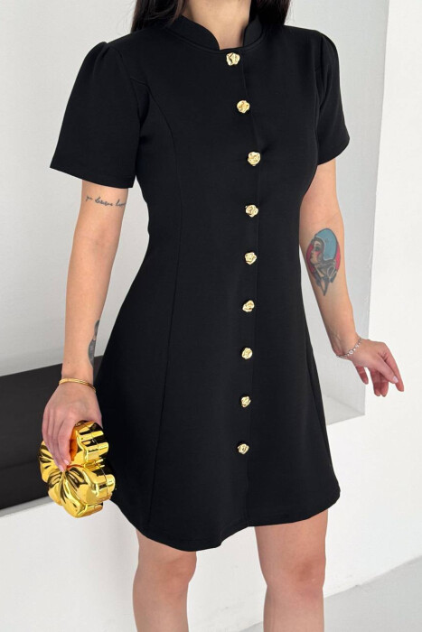 ONE COLOR GOLD BUTTONS SHORT SLEEVE WOMAN DRESS BLACK/ E ZEZE - 3