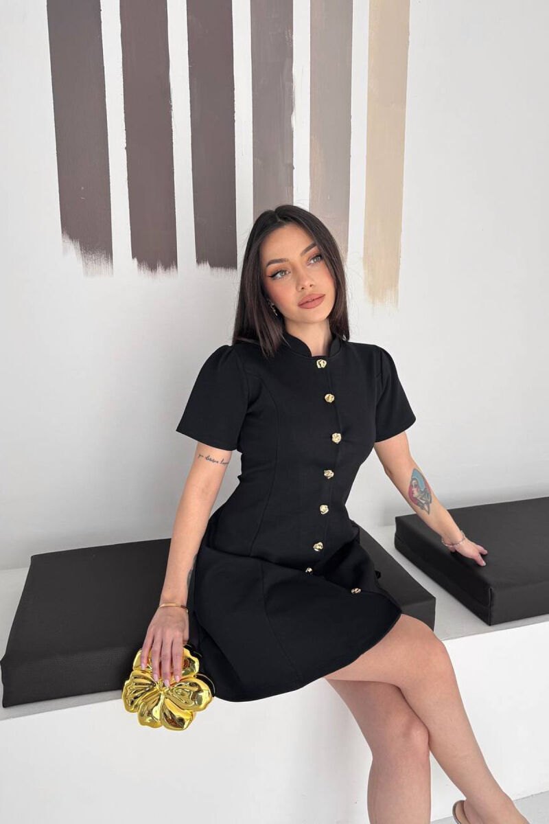 ONE COLOR GOLD BUTTONS SHORT SLEEVE WOMAN DRESS BLACK/ E ZEZE - 4