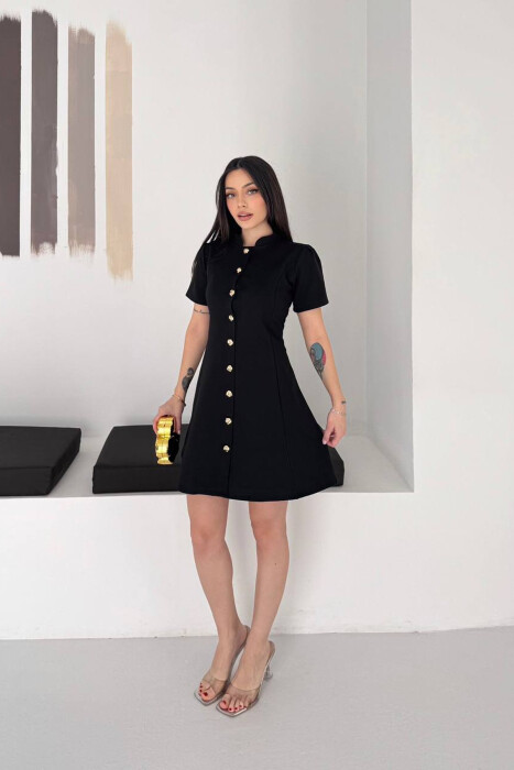 ONE COLOR GOLD BUTTONS SHORT SLEEVE WOMAN DRESS BLACK/ E ZEZE - KLAUDIO FASHION