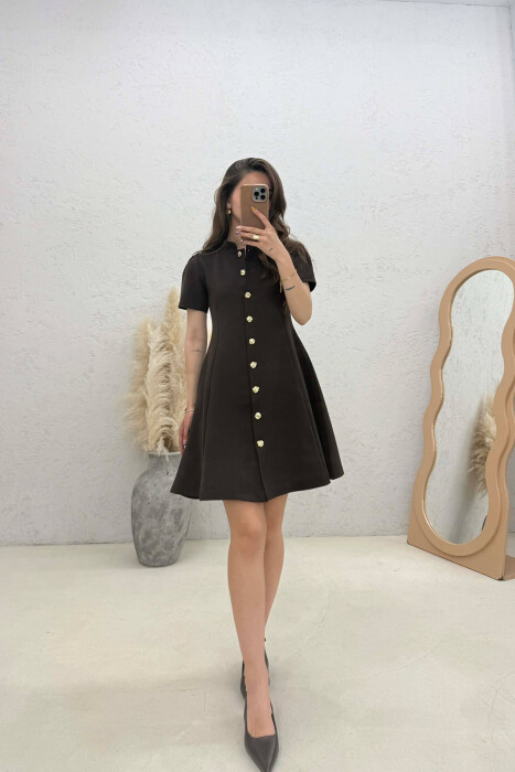 ONE COLOR GOLD BUTTONS SHORT SLEEVE WOMAN DRESS BROWN/KAFE 