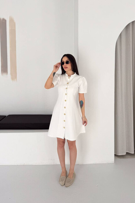 ONE COLOR GOLD BUTTONS SHORT SLEEVE WOMAN DRESS WHITE-E BARDHE 