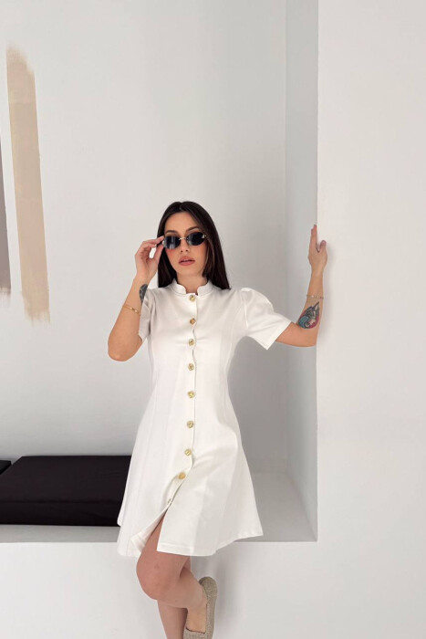 ONE COLOR GOLD BUTTONS SHORT SLEEVE WOMAN DRESS WHITE-E BARDHE - 4