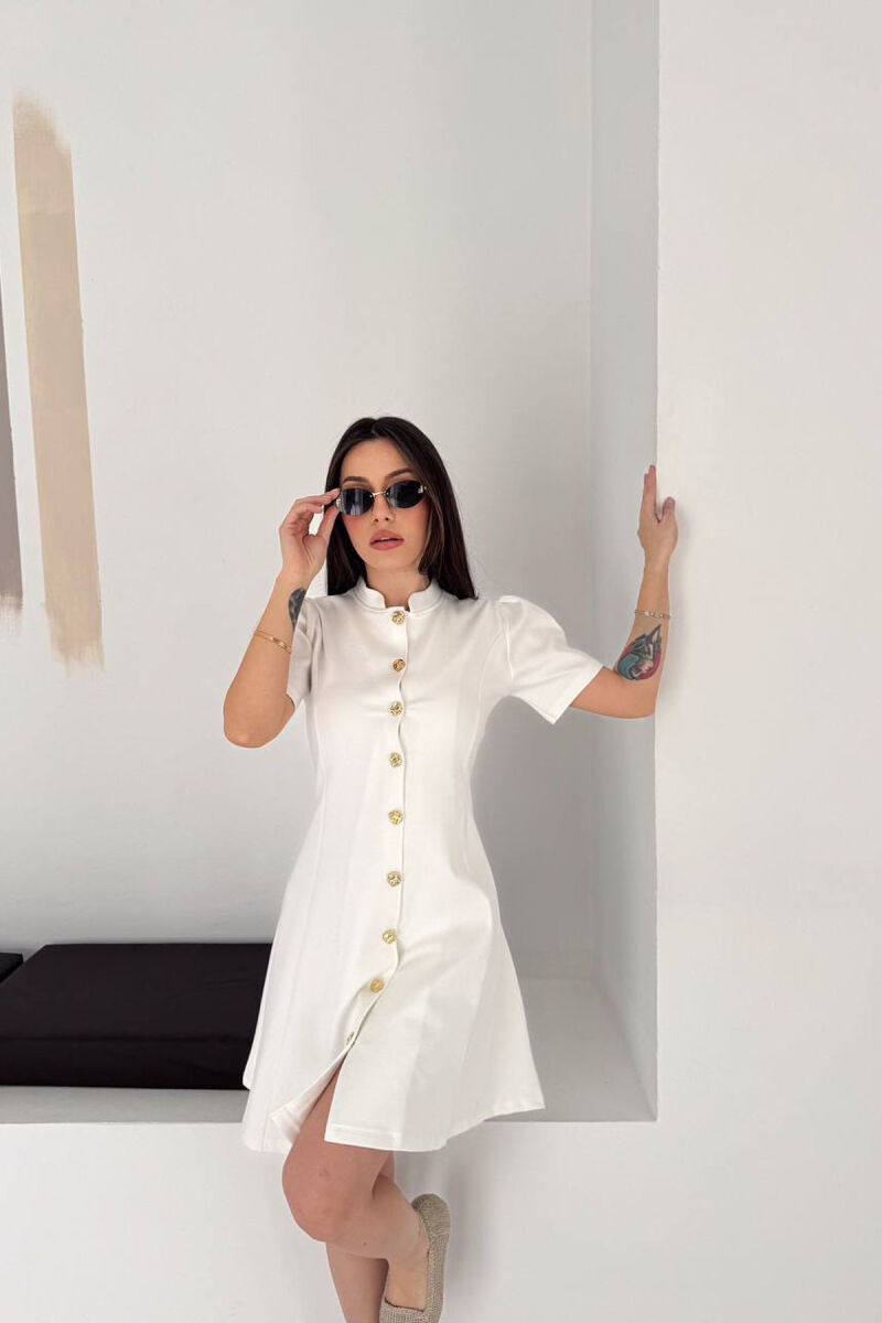 ONE COLOR GOLD BUTTONS SHORT SLEEVE WOMAN DRESS WHITE-E BARDHE - 4