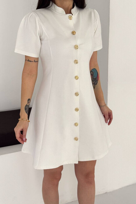 ONE COLOR GOLD BUTTONS SHORT SLEEVE WOMAN DRESS WHITE-E BARDHE - 5