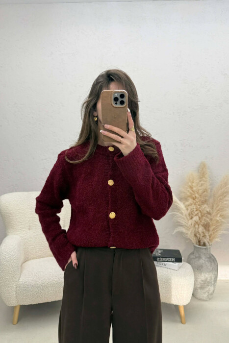 ONE COLOR GOLD BUTTONS WOMEN CARDIGAN BURGUNDY/VISHNJE - 3