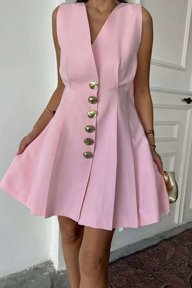 ONE COLOR GOLD BUTTONS WOMEN DRESS PINK/ROZE - 3
