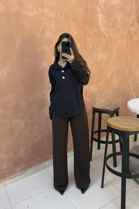 ONE COLOR GOLD BUTTONS WOMEN SHIRT BLACK/ E ZEZE - KLAUDIO FASHION