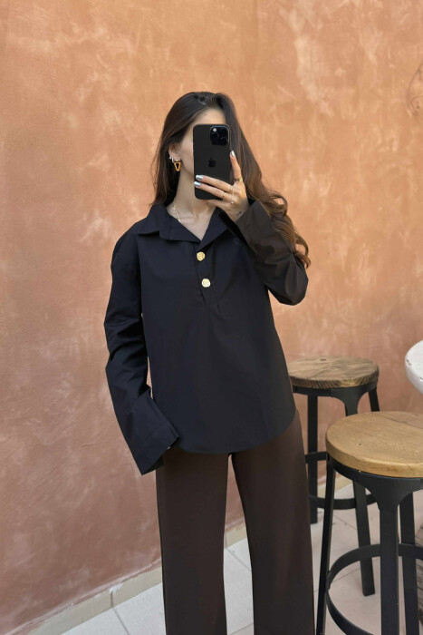 ONE COLOR GOLD BUTTONS WOMEN SHIRT BLACK/ E ZEZE 
