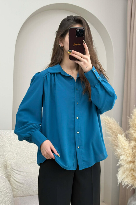 ONE COLOR GOLD BUTTONS WOMEN SHIRT BLUE STONE/GK 