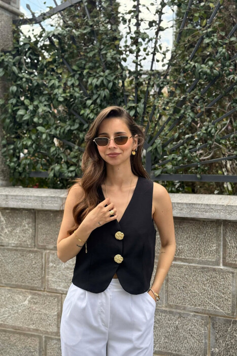 ONE COLOR GOLD BUTTONS WOMEN VEST BLACK/ E ZEZE 