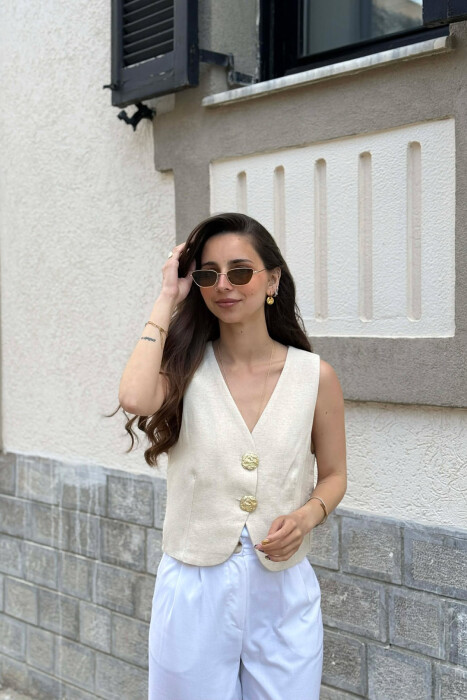 ONE COLOR GOLD BUTTONS WOMEN VEST CREAM/KREM - 4