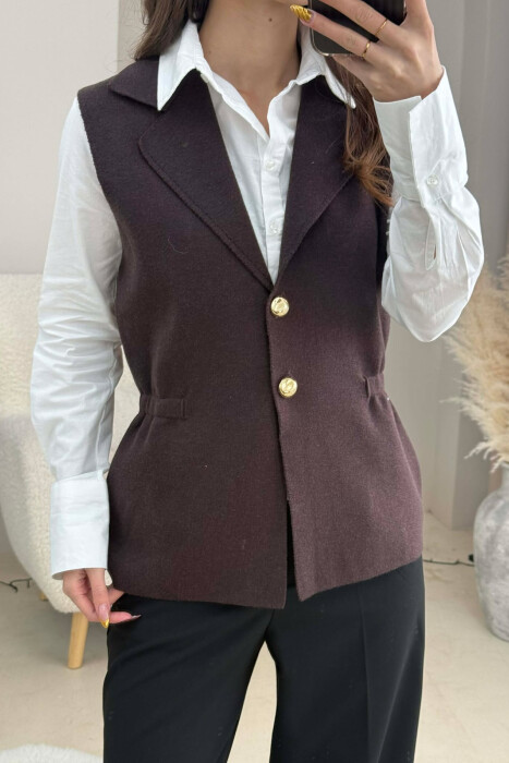 ONE COLOR GOLD BUTTONS WOMEN VEST DARK BROWN/KAE - 4