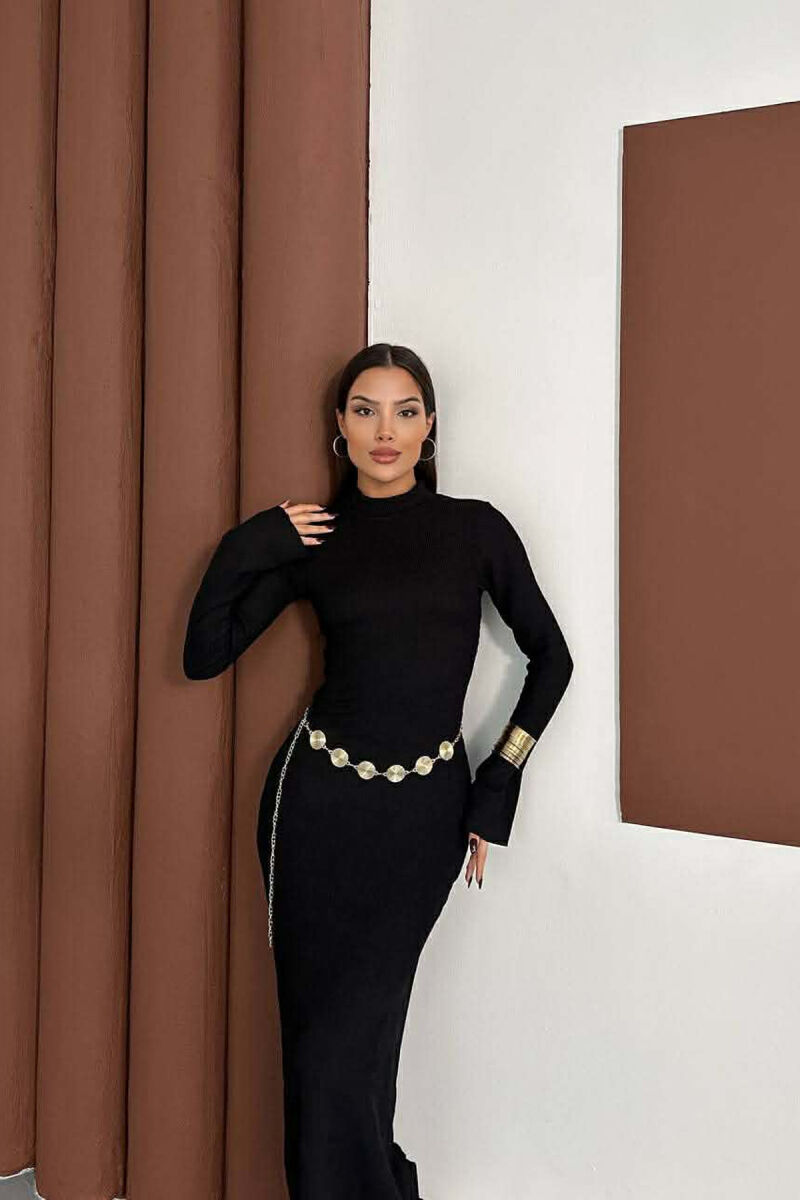 ONE COLOR GOLDEN BELT DETAIL LONG SLEEVE WOMAN DRESS BLACK/ E ZEZE - 2