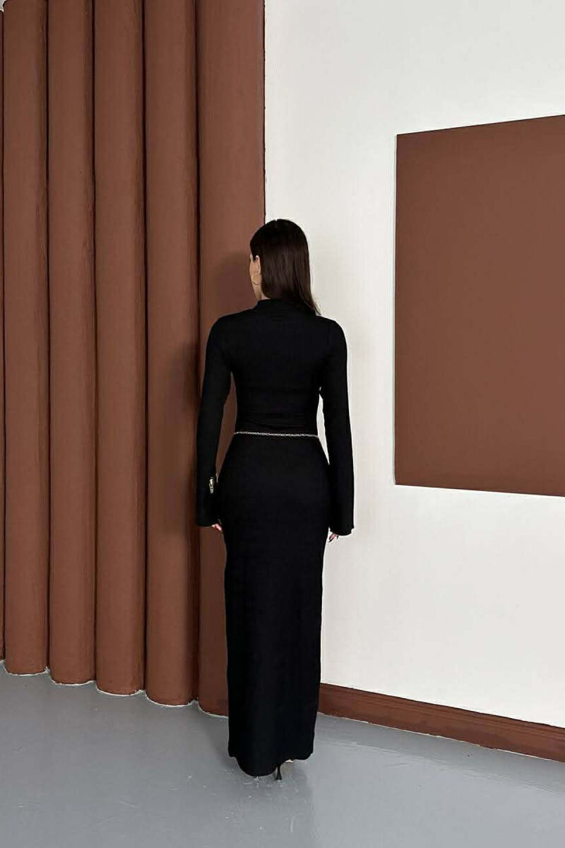 ONE COLOR GOLDEN BELT DETAIL LONG SLEEVE WOMAN DRESS BLACK/ E ZEZE - 3