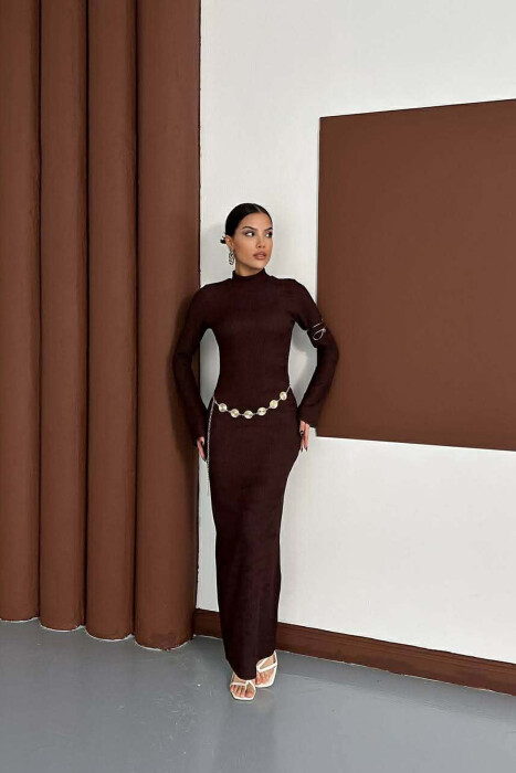 ONE COLOR GOLDEN BELT DETAIL LONG SLEEVE WOMAN DRESS BROWN/KAFE - KLAUDIO FASHION