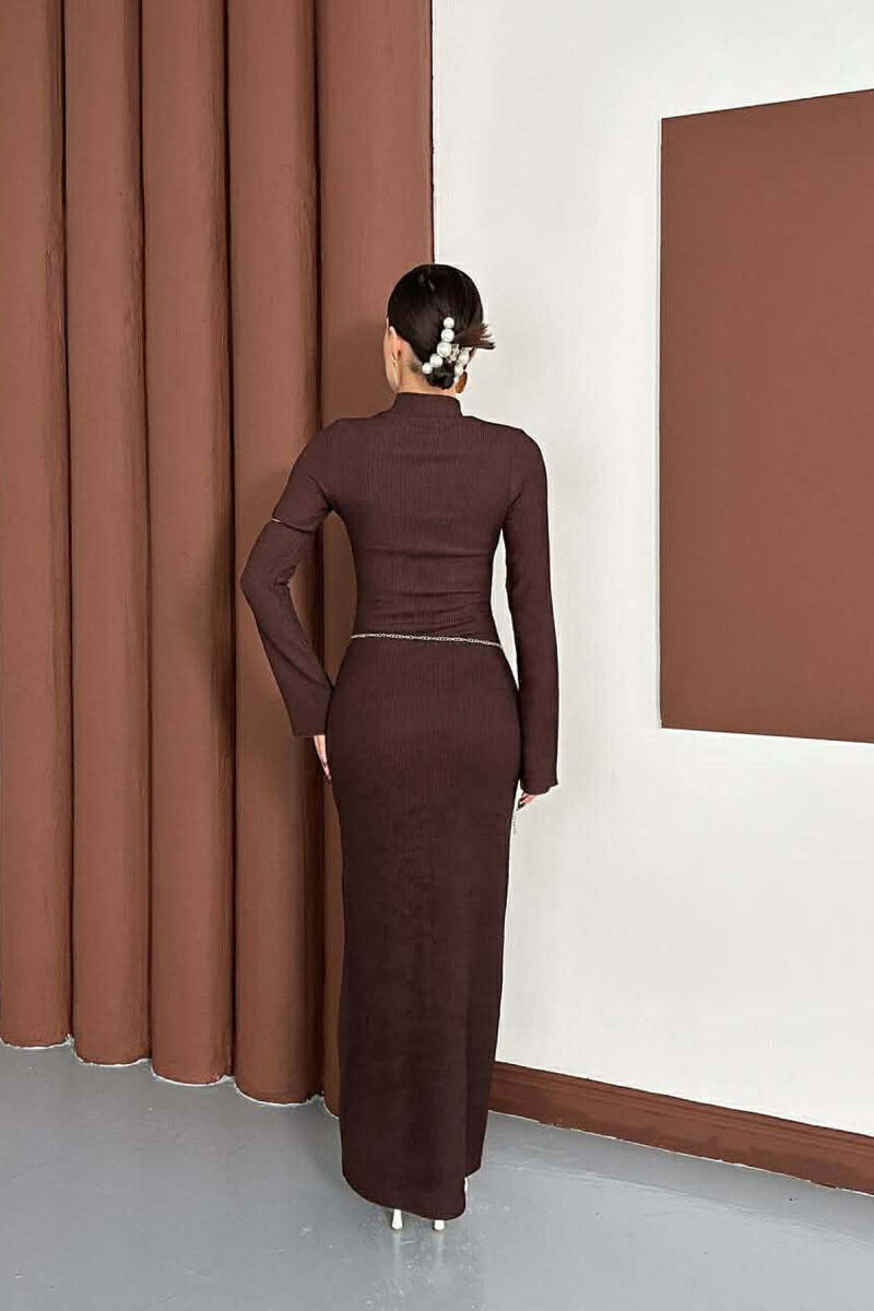 ONE COLOR GOLDEN BELT DETAIL LONG SLEEVE WOMAN DRESS BROWN/KAFE - 2