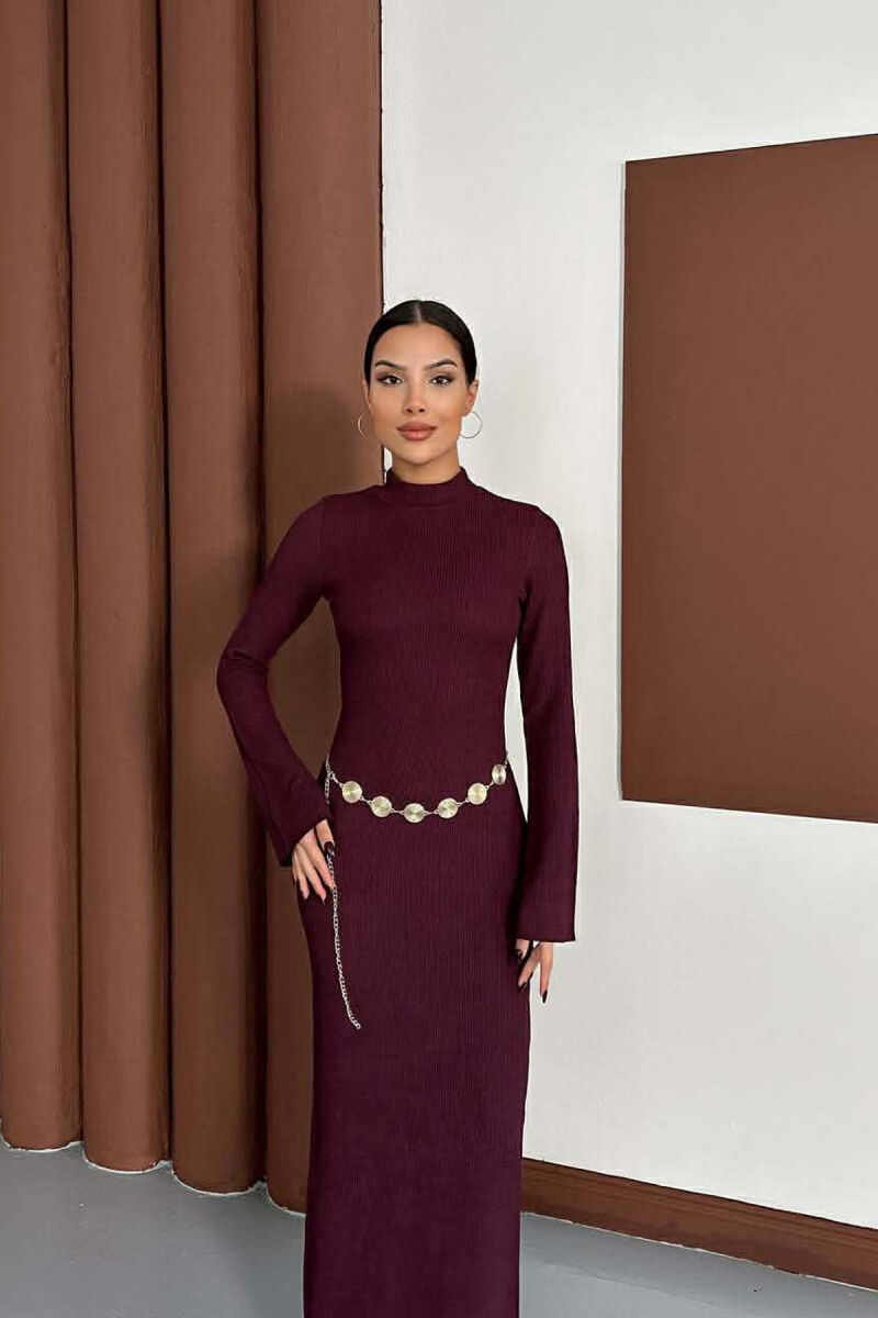 ONE COLOR GOLDEN BELT DETAIL LONG SLEEVE WOMAN DRESS BURGUNDY/VISHNJE - 2