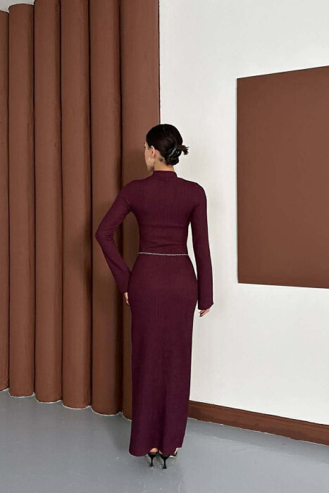 ONE COLOR GOLDEN BELT DETAIL LONG SLEEVE WOMAN DRESS BURGUNDY/VISHNJE - 3