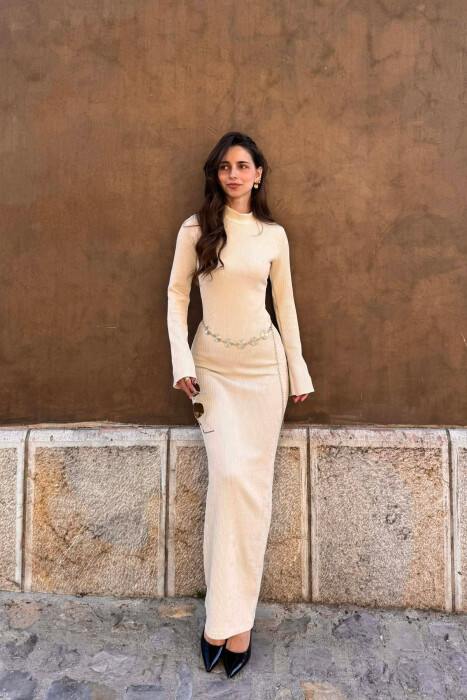 ONE COLOR GOLDEN BELT DETAIL LONG SLEEVE WOMAN DRESS CREAM/KREM - KLAUDIO FASHION