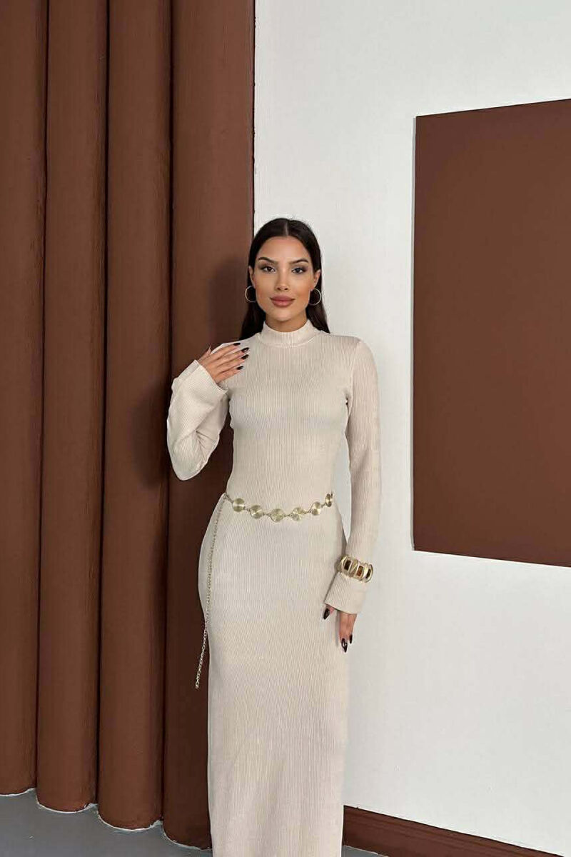 ONE COLOR GOLDEN BELT DETAIL LONG SLEEVE WOMAN DRESS CREAM/KREM - 2