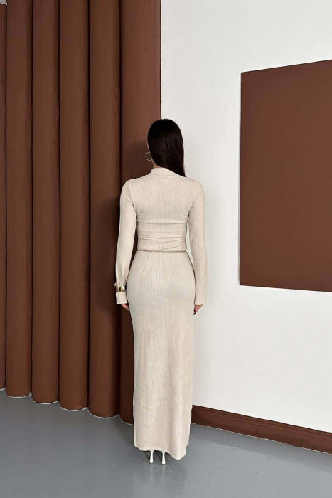 ONE COLOR GOLDEN BELT DETAIL LONG SLEEVE WOMAN DRESS CREAM/KREM - 3