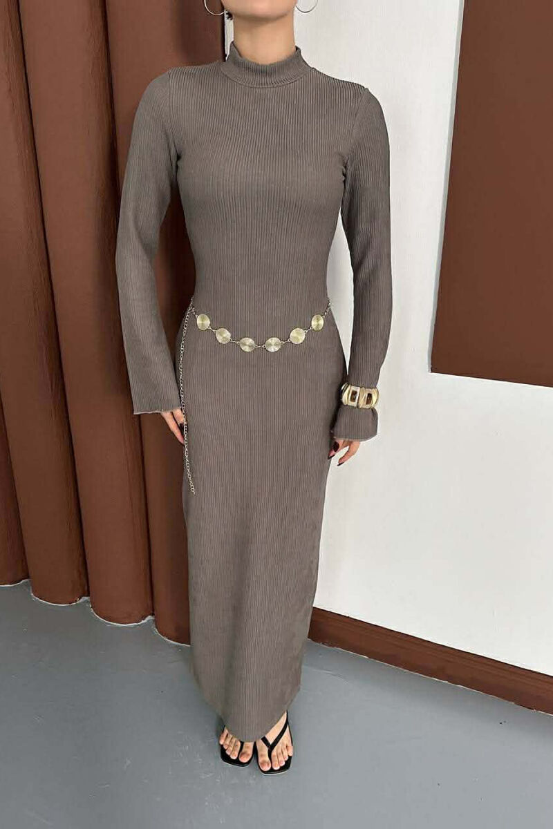 ONE COLOR GOLDEN BELT DETAIL LONG SLEEVE WOMAN DRESS DARK GREY/GEE - 1