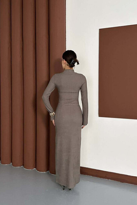 ONE COLOR GOLDEN BELT DETAIL LONG SLEEVE WOMAN DRESS DARK GREY/GEE - 2