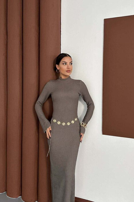 ONE COLOR GOLDEN BELT DETAIL LONG SLEEVE WOMAN DRESS DARK GREY/GEE - 3