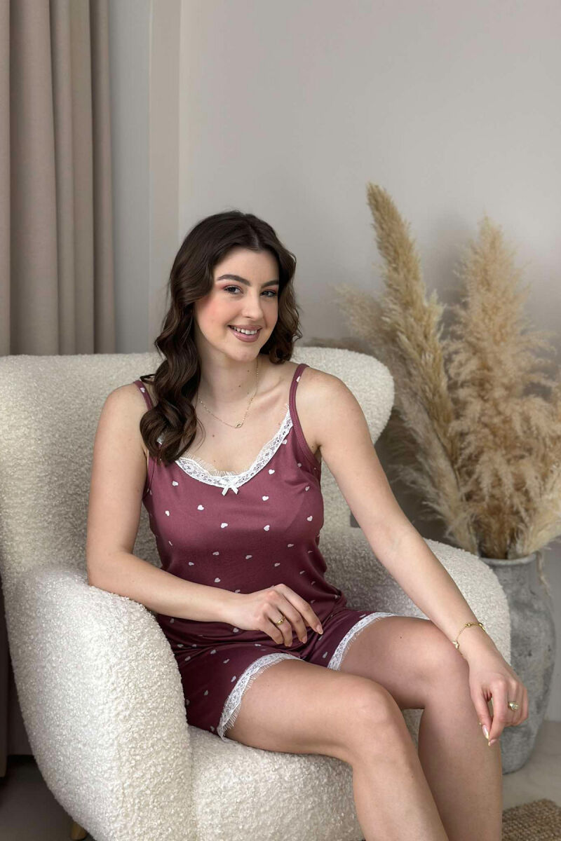ONE COLOR HEART DETAILS TANK TOP+SHORTS WOMEN PYJAMAS BURGUNDY/VISHNJE - 2