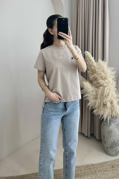 ONE COLOR HEART LOGO SIMPLE WOMEN T-SHIRT BEIGE/BEZHE 