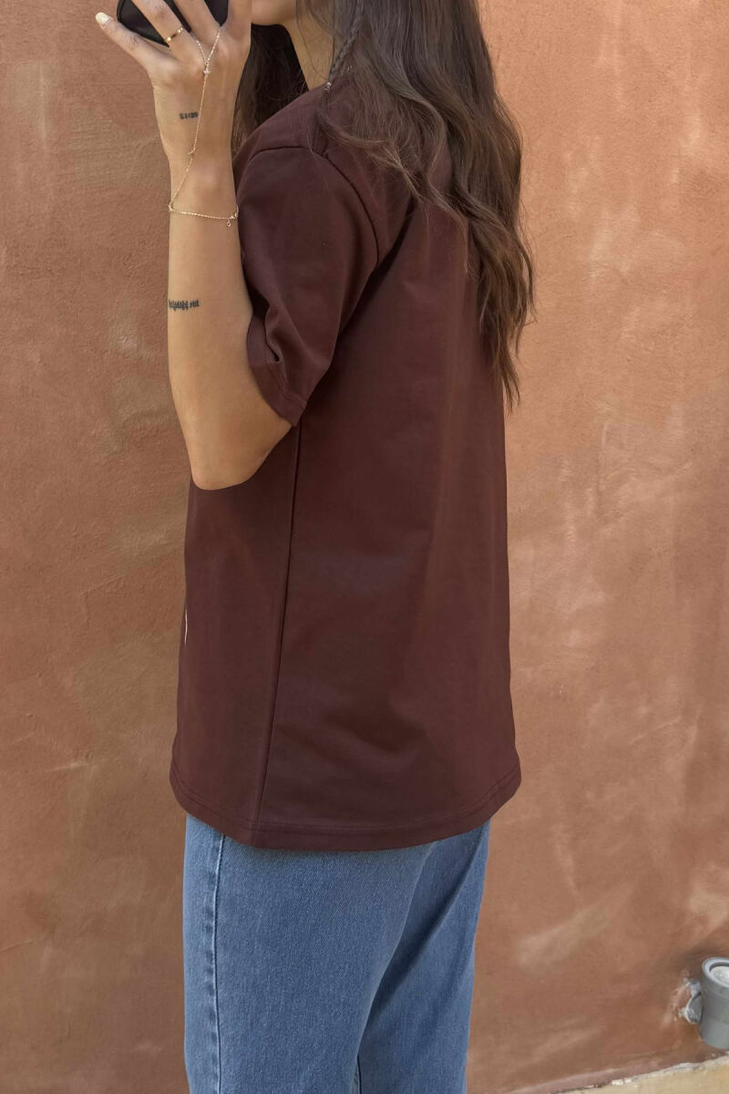 ONE COLOR HEARTS DESIGN WOMEN T-SHIRT BROWN/KAFE - 4