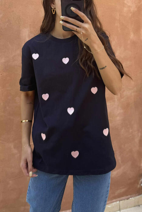 ONE COLOR HEARTS DESIGN WOMEN T-SHIRT DARK BLUE/BEE - 2