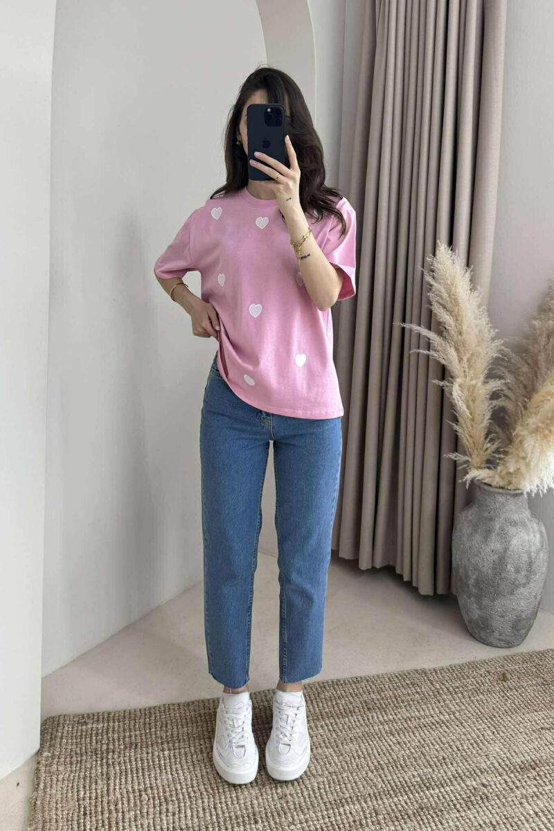 ONE COLOR HEARTS DESIGN WOMEN T-SHIRT PINK/ROZE - 4