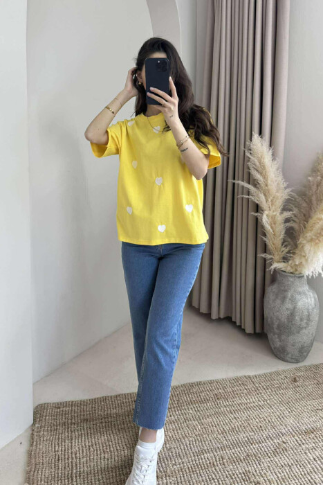 ONE COLOR HEARTS DESIGN WOMEN T-SHIRT YELLOW/E VERDHE - 4