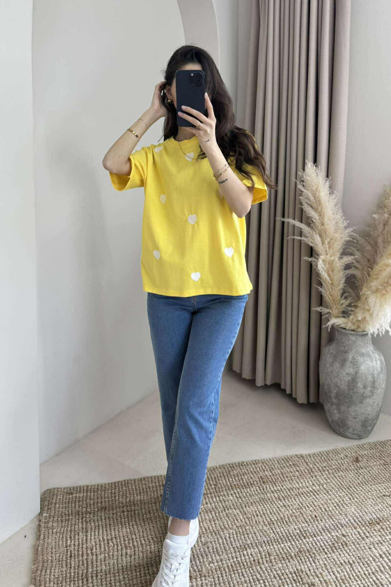 ONE COLOR HEARTS DESIGN WOMEN T-SHIRT YELLOW/E VERDHE - 4