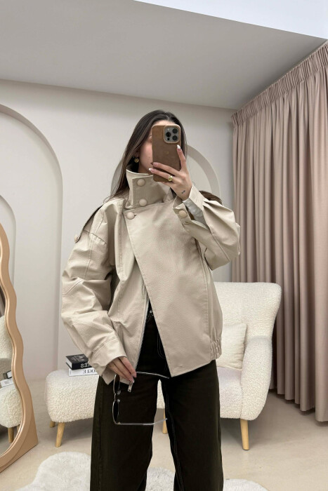 ONE COLOR HIGH NECK BUTTONED DETAIL LEATHER WOMEN JACKET BEIGE/BEZHE - KLAUDIO FASHION