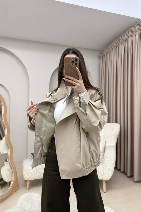 ONE COLOR HIGH NECK BUTTONED DETAIL LEATHER WOMEN JACKET BEIGE/BEZHE - 3