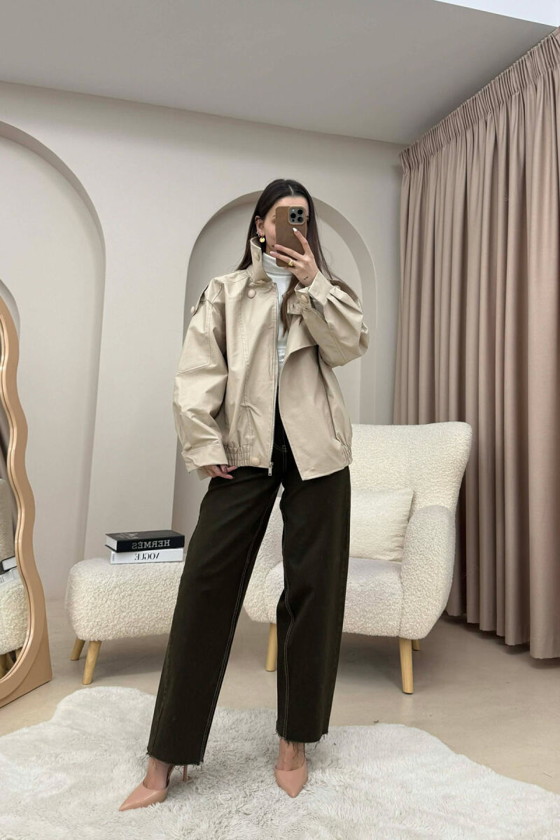 ONE COLOR HIGH NECK BUTTONED DETAIL LEATHER WOMEN JACKET BEIGE/BEZHE - 4