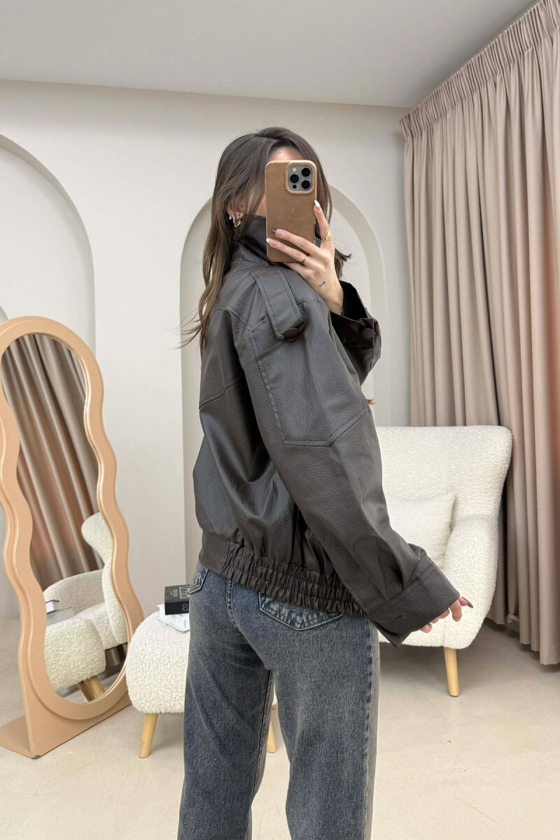 ONE COLOR HIGH NECK BUTTONED DETAIL LEATHER WOMEN JACKET DARK BROWN/KAE - 5