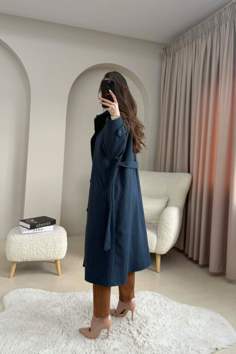 ONE COLOR HIGH NECK BUTTONED WOMAN COAT DARK BLUE/BEE - 4